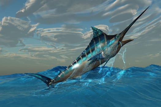 A Blue Marlin jumps through ocean waves in a powerful burst of speed.