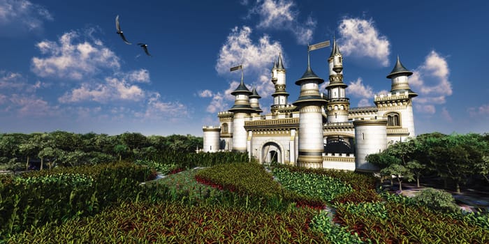 Two Eagles fly over a castle surrounded by a lush garden and trees.