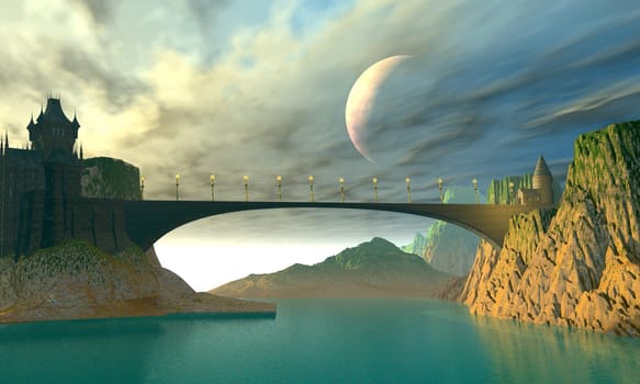 A castle bridge spans a river leading to the ocean.