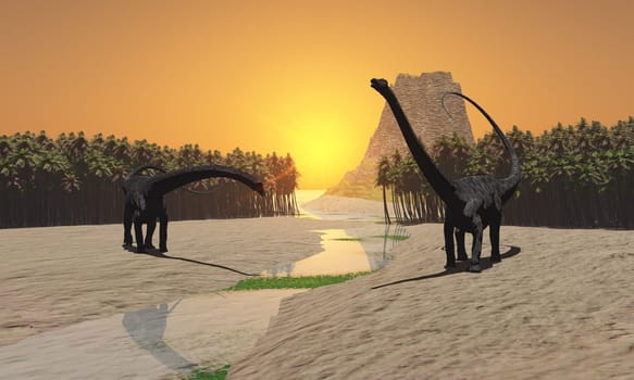 Two Diplodocus dinosaurs meet at a jungle river in prehistoric times.