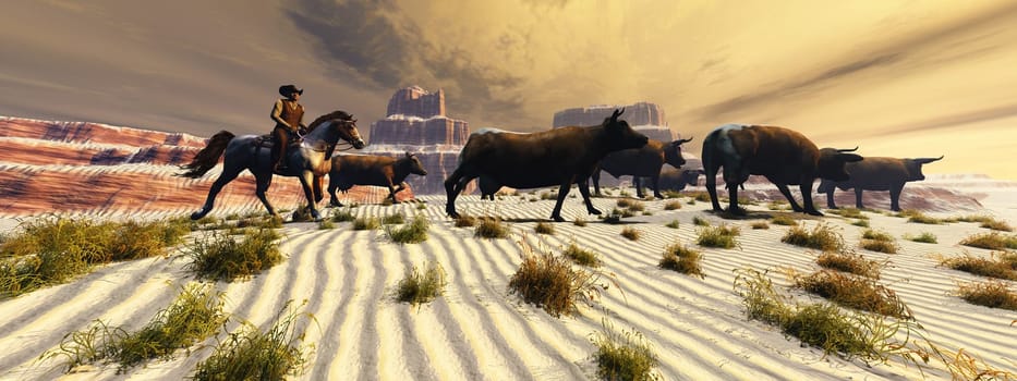 A cowboy brings a herd of cattle back to the ranch from the open range.