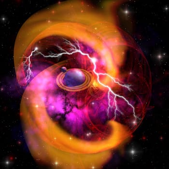 A planet with rings and its orbiting moon is formed out of interstellar dust and gases.