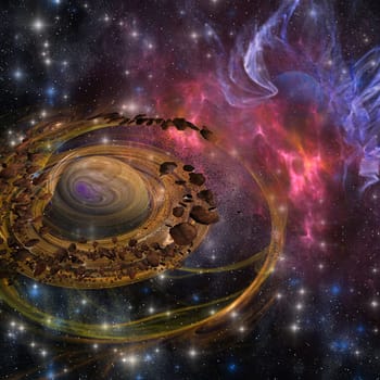 A planet forms from a group of asteroids, gasses, and dust material.