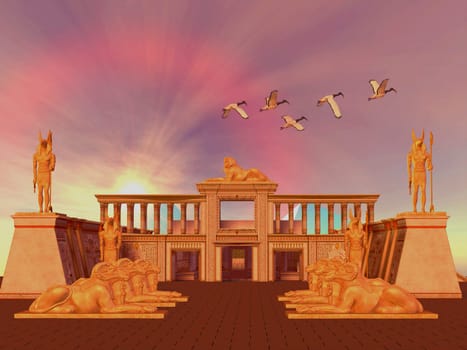 An Egyptian temple is flanked by statues of the god called Horus, Khnum and a statue of the Sphinx.