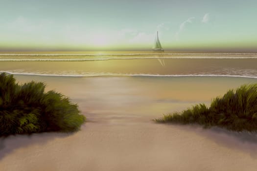 A boat sails at sunset by a quiet beach as the tide comes in.