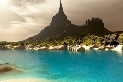 A black mountain rises from an ocean inlet leftover from a volcanic eruption.