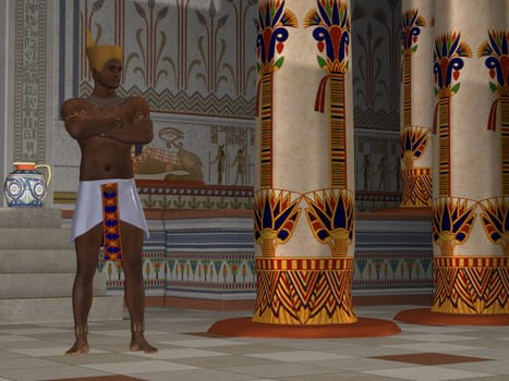 An Egyptian king stands as a regal figure in his palace.