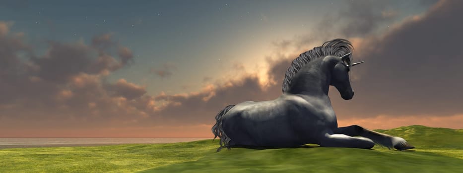 A white unicorn sleeps under a night sky full of stars.