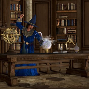 A wizard uses a spell to make a magic potion in his library.
