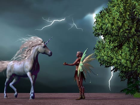 A fairy offers an apple to a frightened unicorn as she tries to get him to come back into the magic forest for protection from the thunderstorm.