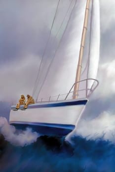 Two sailors in yellow slickers sit on the starboard side of their boat as the sea waves push them forward.