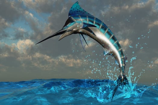 A Blue Marlin jumps clear of ocean waves in a powerful burst of speed.