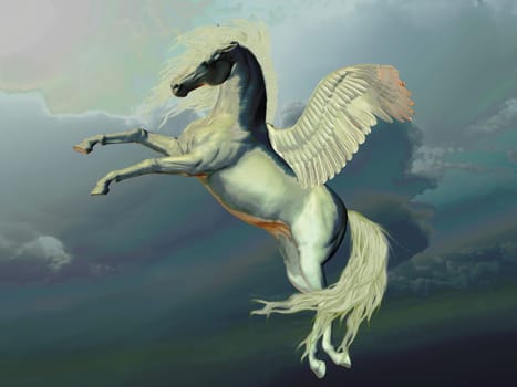 Heavy clouds surround an ivory colored Pegasus as he spreads his wings in flight.