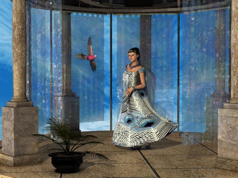A Roman lady in a peacock dress plays with her parrot in a gazebo.