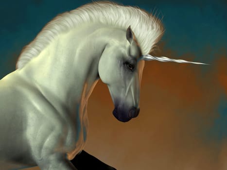 A white unicorn stallion of folklore prances with strenght and power.