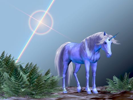 A magical unicorn rests under a star in among some fern plants.