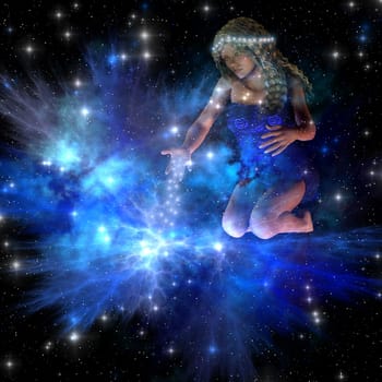 The god Vesta spreads stars throughout the cosmos creating galaxies and star systems.