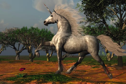 A Unicorn buck with strength and stamina trots through a magical forest.