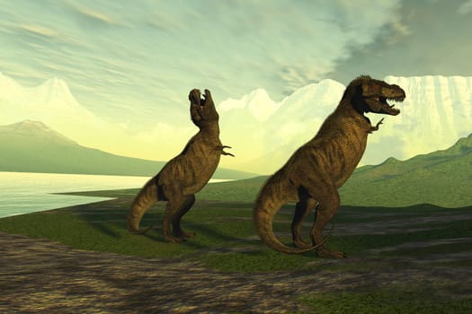 A female Tyrannosaurus Rex dinosaur with her mate roars in the early dawn.