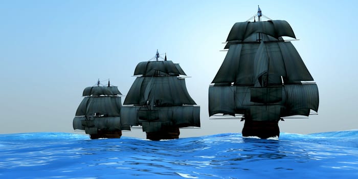 Three tall ships sail to distant port on the high seas.