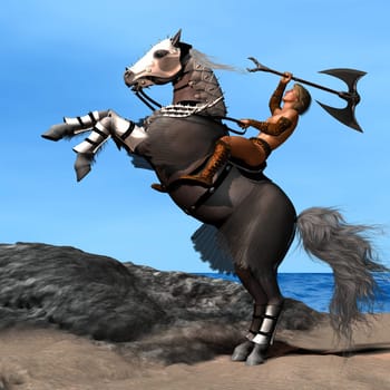 A warrior holds a huge axe as his horse rears up preparing for battle.