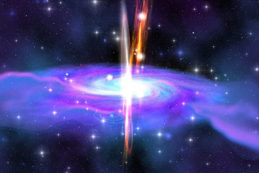 A Black Hole in space shoots our rays of gasses as it engulfs surrounding material.
