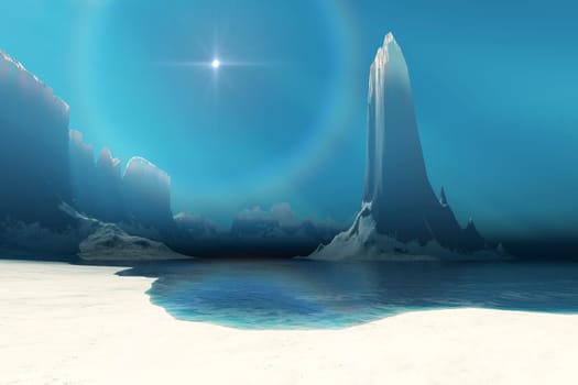 Winter finds a shoreline and mountains covered by ice and snow.