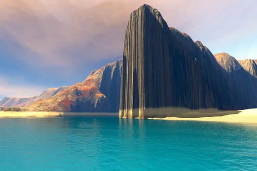 A large black mountain casts its shadow on a blue lagoon.