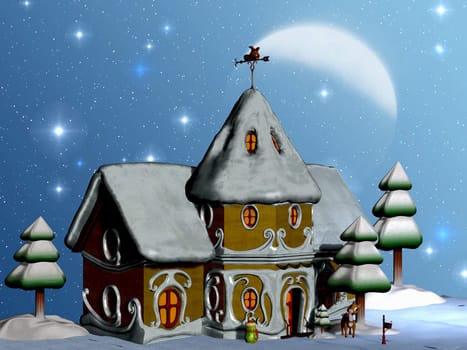 Santa's house at the North Pole glows under the night sky filled with stars.