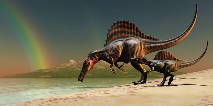 A rainbow emerges just as a mother Spinosaurus dinosaur leads her offspring down to a lake.