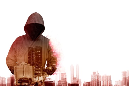 Man in hoodie shirt is hacker. Computer security concept