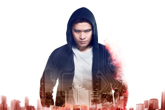 Double exposure of hacker wearing hoodie shirt. Security concept image