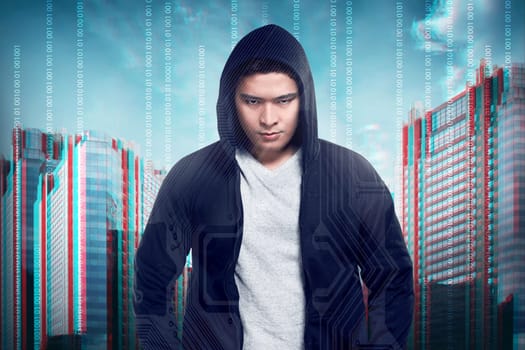 Hacker wearing hoodie shirt. Security concept image