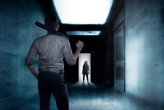 The creepy of the zombie woman in the doorway meet asian man with baseball stick