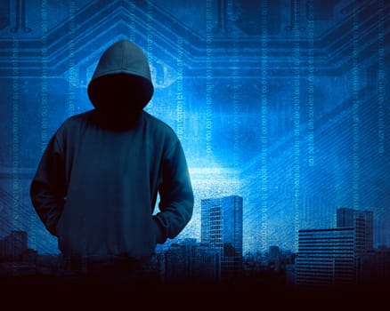 Man in hoodie shirt is hacker. Computer security concept
