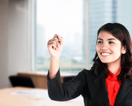 Business woman writing video marketing with handwriting and circle