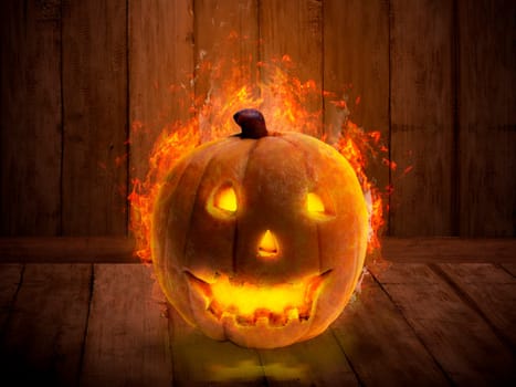 Scary Jack O Lantern with candle inside on the wooden floor. Halloween concept