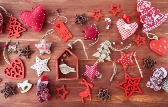 Rustic wooden background with colorful decoration for Christmas
