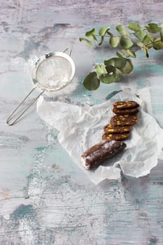 The cookies Sweet sausage on wooden table background