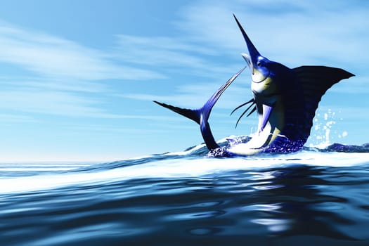 A Blue Marlin leaps through the ocean waves with a great splash.