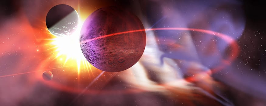A huge sun sends out waves of solar flares in a great disturbance in the cosmos.