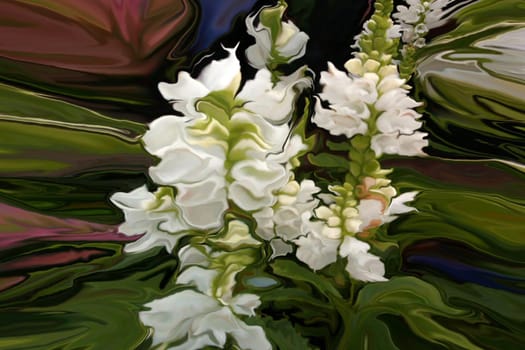 A surreal image of a garden full of beautiful white snapdragons.