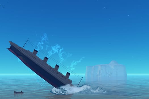 An ocean-liner sinks on a clear starry night after hitting an iceberg.