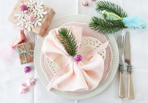 Colorful table set on rweisser tablecloth for Christmas