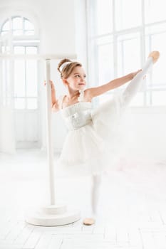Little ballerina girl in a tutu. Adorable child dancing classical ballet in a white studio. Children dance. Kids performing. Young gifted dancer in a class. Preschool kid taking art lessons.