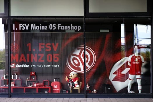 Mainz,Germany - August 20,2017: The shop window of the fan shop of the 1st FSV Mainz 05 in the Opelarena with various fan articles on August 20,2017 in Mainz.