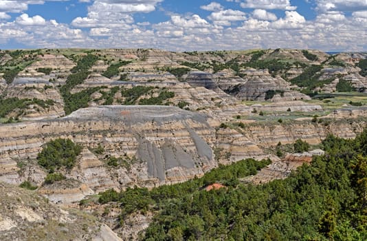 Looking Down into a Badlands Valley in Theodore Roosevelt National Park in North Dakota