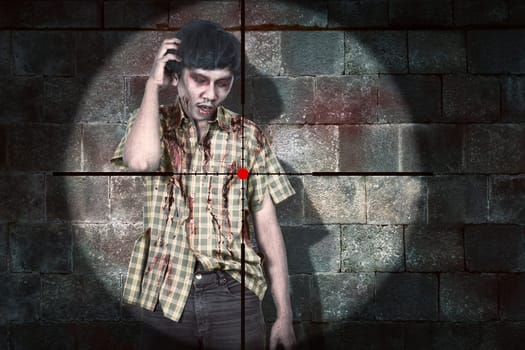Weapon aiming to shooting bloody asian zombie man over black wall background