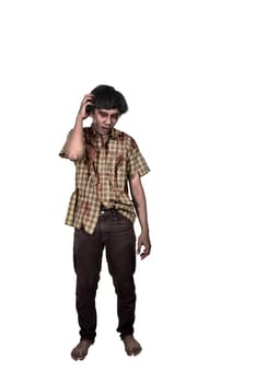 Portrait of asian zombie man with confused expression standing isolated over white background
