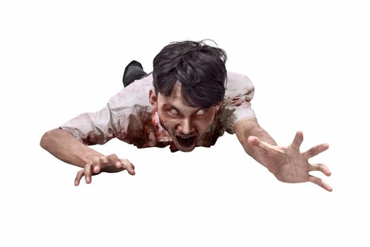 Portrait of asian zombie man in clothes crawling isolated over white background